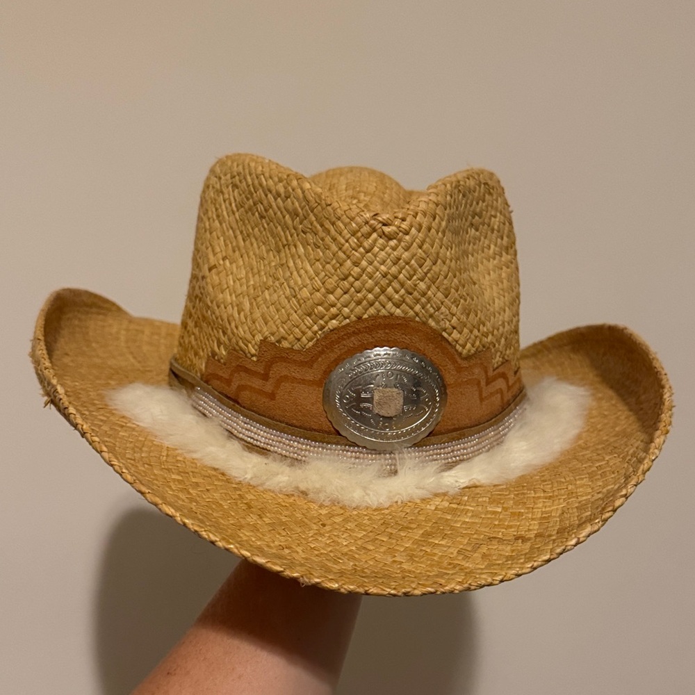 Vintage Tan Straw Cowboy Hat with Silver Accent